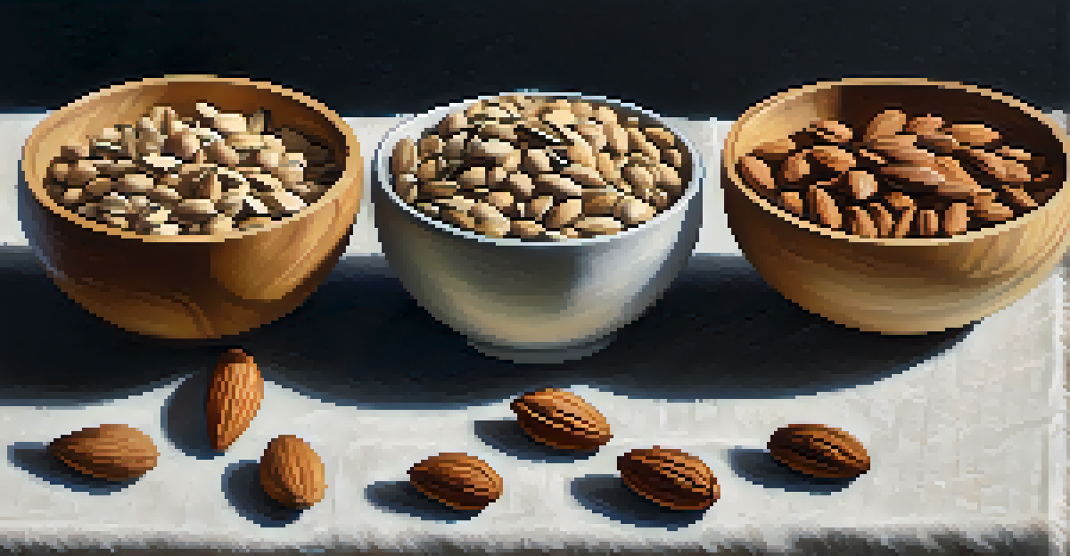 A display of raw nuts and seeds like almonds and chia seeds in wooden bowls on a linen cloth, with natural light highlighting their textures.