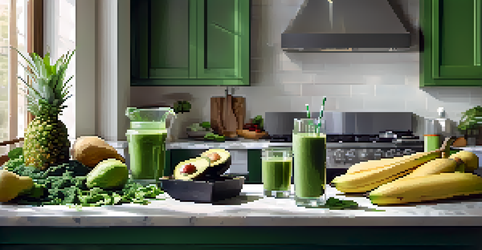 A green smoothie in a glass surrounded by fresh fruits and vegetables on a kitchen countertop, with morning light streaming in.