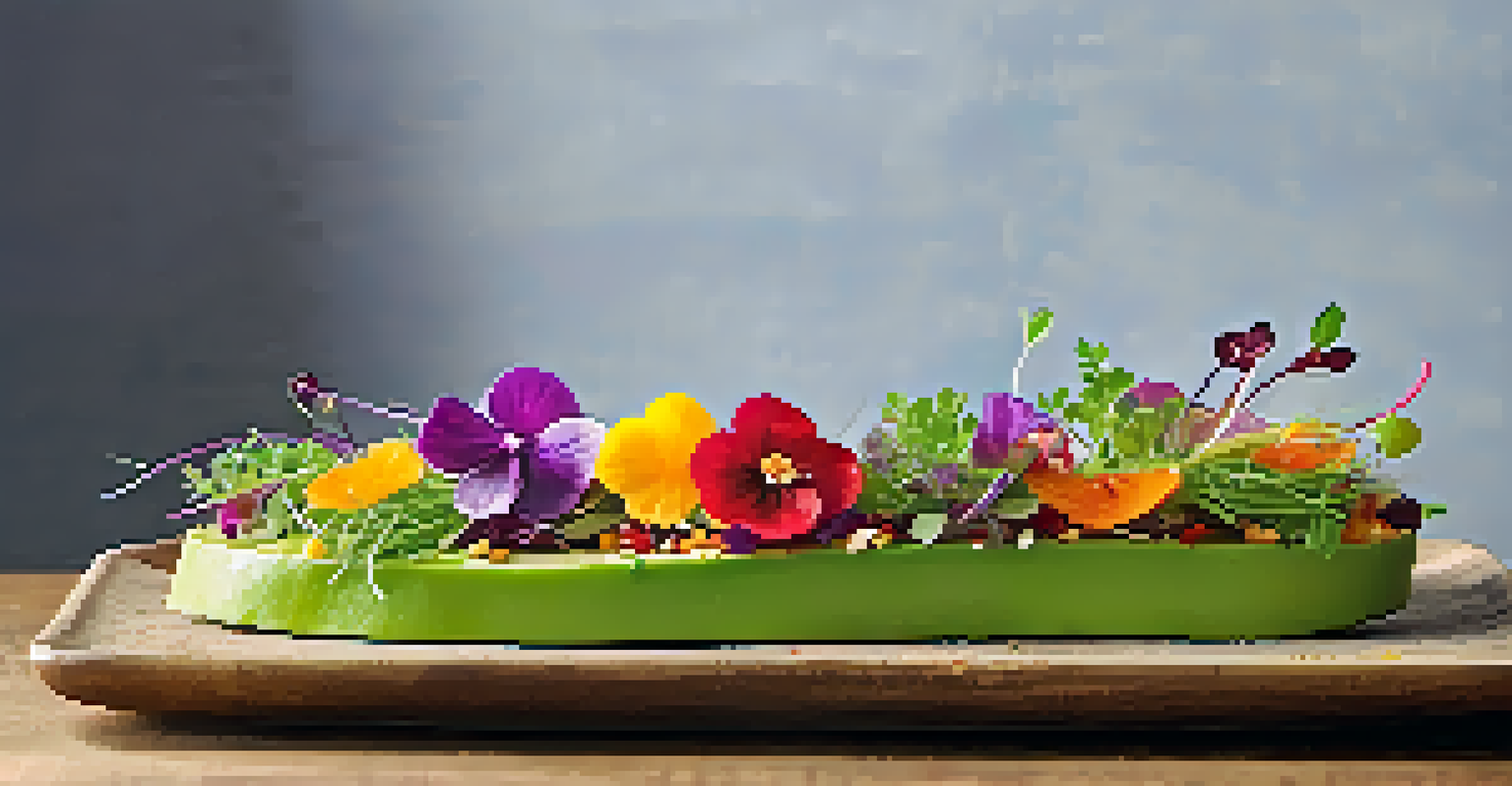 A close-up of raw avocado toast with colorful garnishes on a rustic plate in a bright kitchen setting.