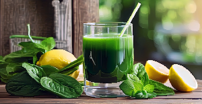 A glass of green juice made from spinach, cucumber, and lemon, garnished with lemon and mint leaves, placed on a wooden table with sunlight illuminating the drink.