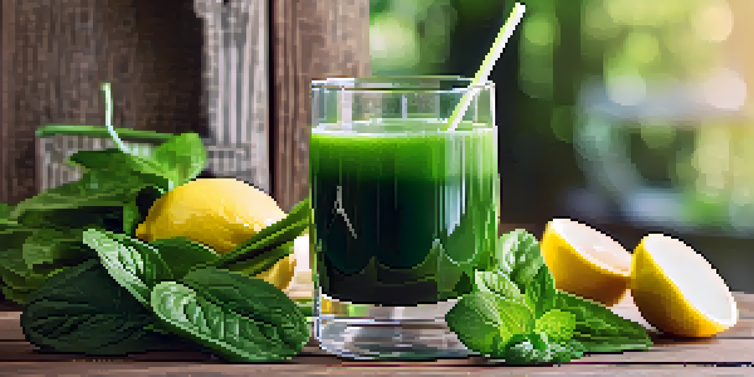 A glass of green juice made from spinach, cucumber, and lemon, garnished with lemon and mint leaves, placed on a wooden table with sunlight illuminating the drink.