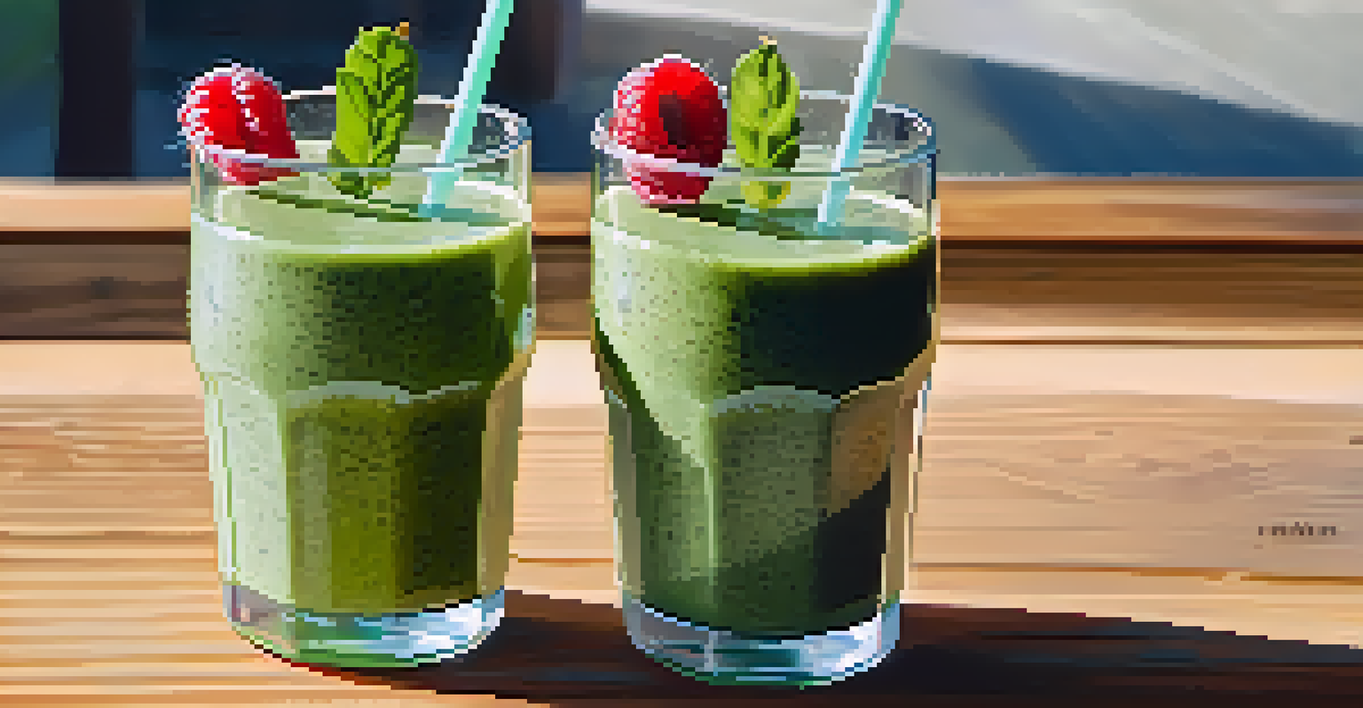 A close-up of a green smoothie in a clear glass, topped with fruit slices and chia seeds, alongside a bowl of fresh berries on a wooden table.
