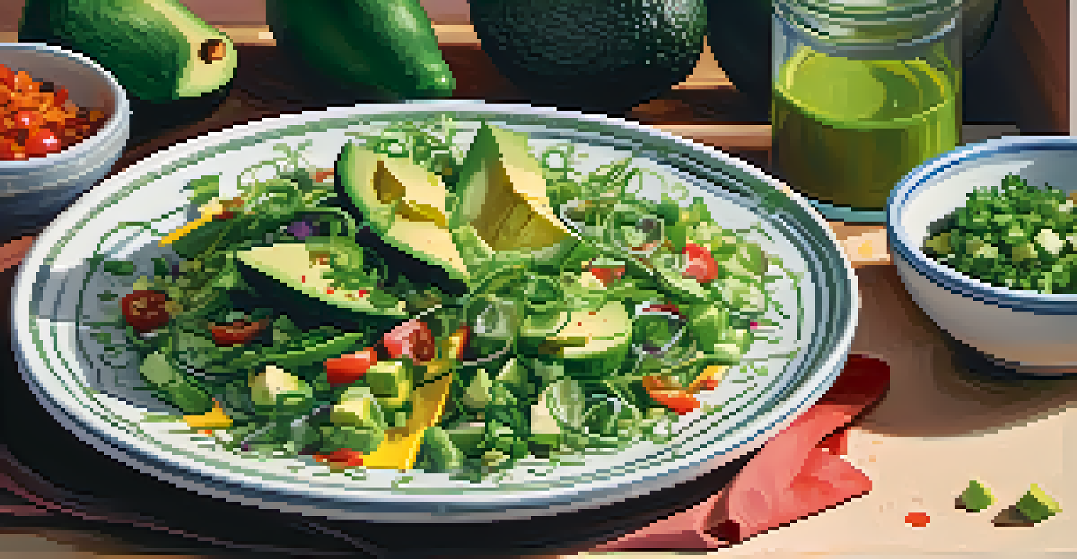Close-up of a fresh salad featuring callaloo greens, cucumbers, and avocados, dressed with a tangy sauce on a ceramic plate.