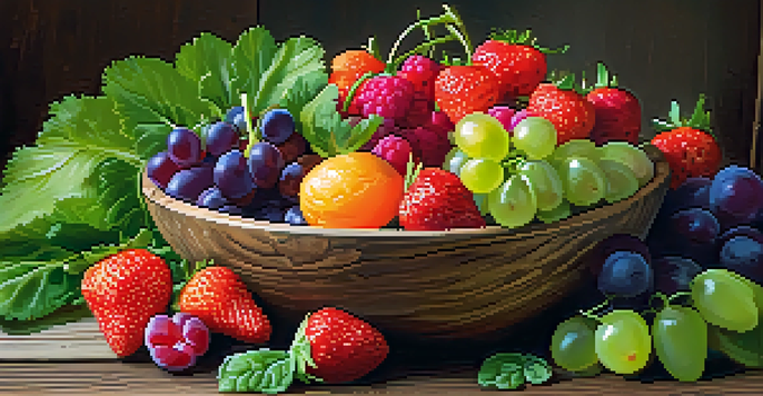A bowl filled with colorful raw fruits and vegetables on a wooden table, showcasing a variety of textures and colors.
