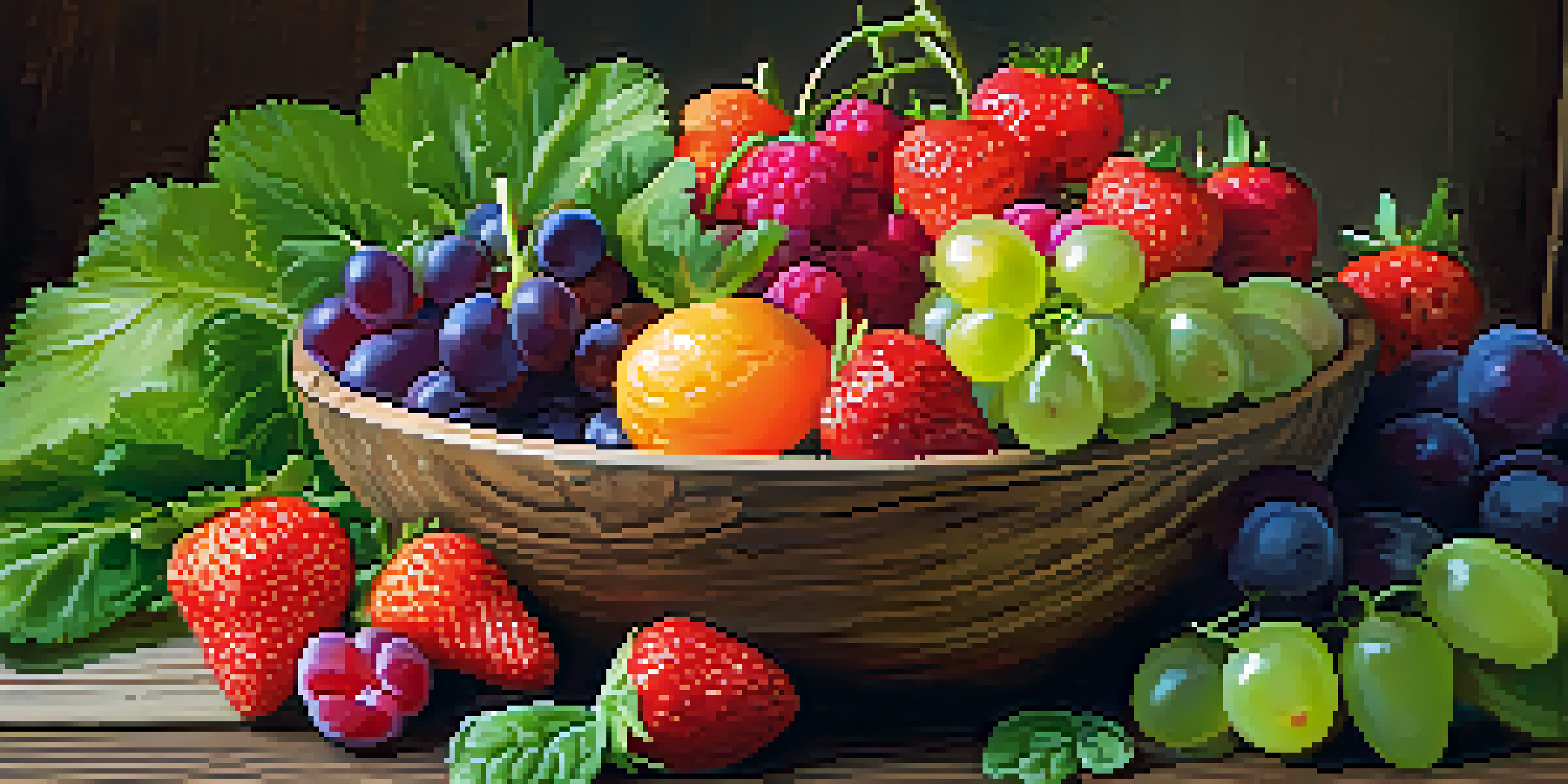 A bowl filled with colorful raw fruits and vegetables on a wooden table, showcasing a variety of textures and colors.
