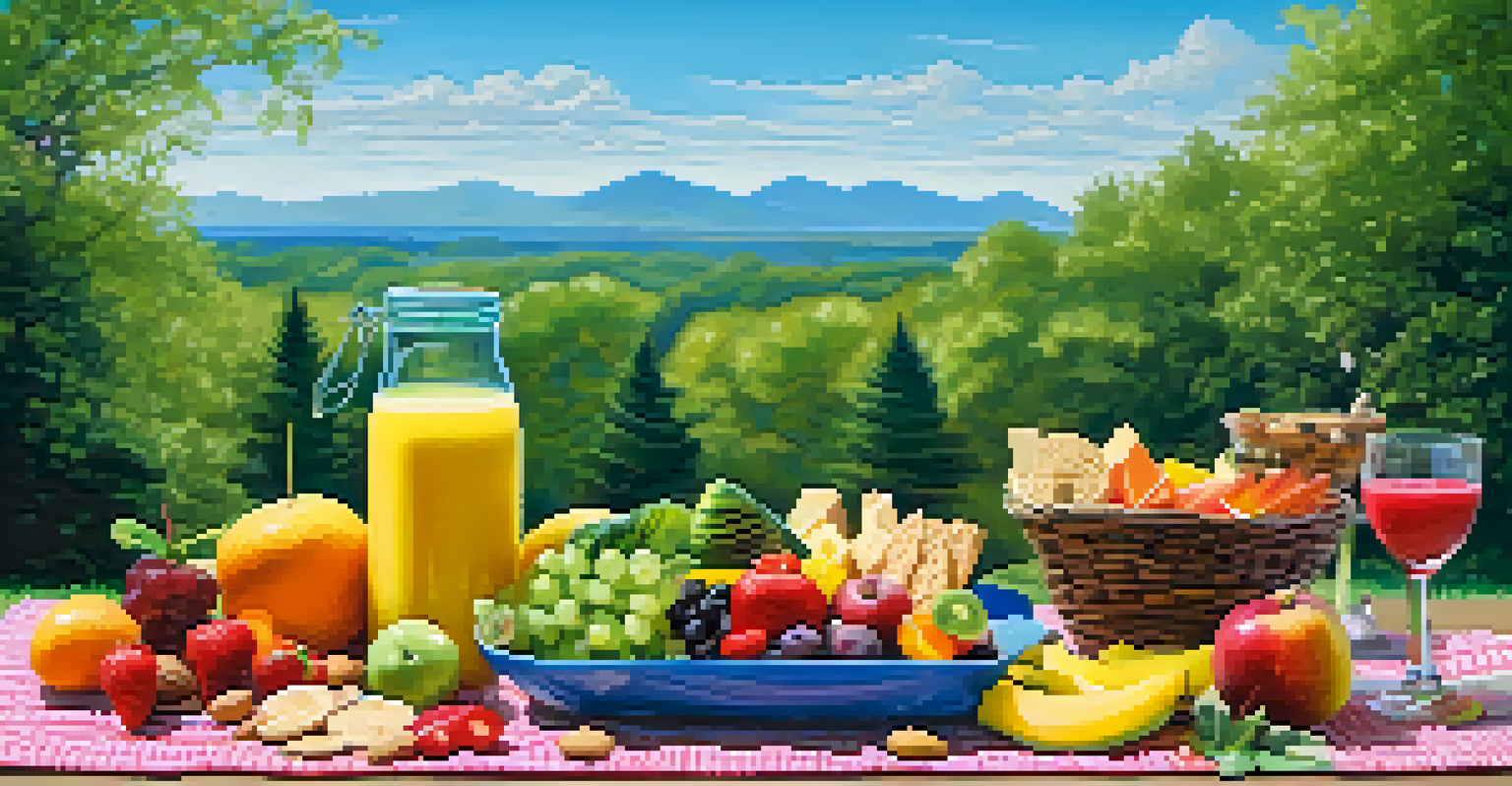 A picnic blanket on grass featuring raw fruits, nuts, and a smoothie jar, surrounded by greenery.