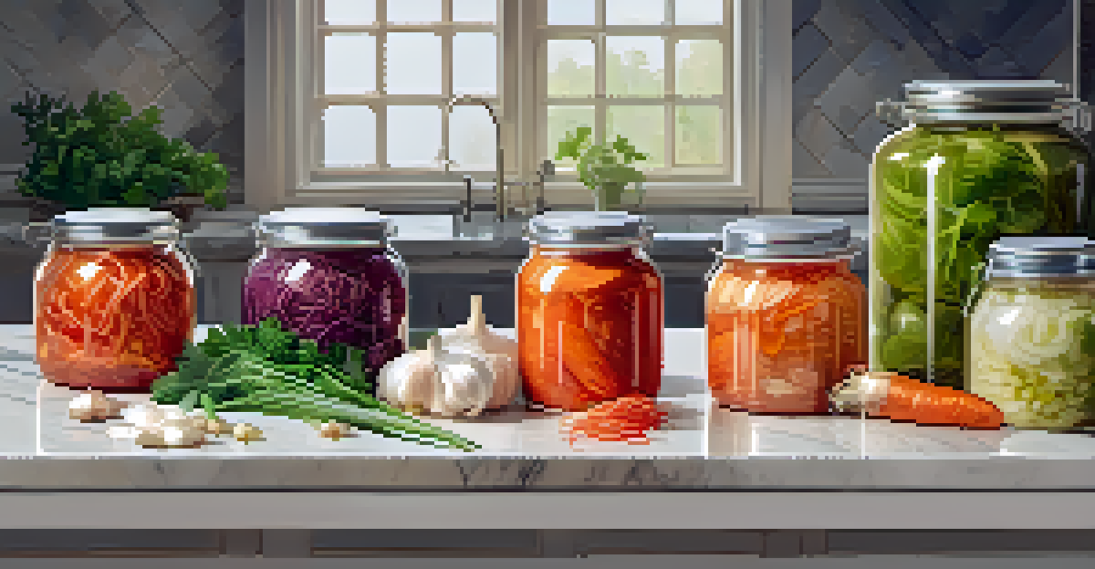 An artistic arrangement of jars containing kimchi and sauerkraut with fresh garlic and herbs on a marble countertop.