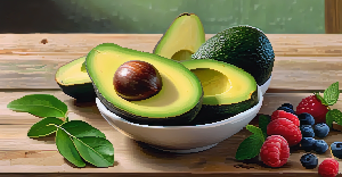 A close-up view of sliced avocados on a wooden table, with fresh herbs and berries in the background, illuminated by soft natural light.