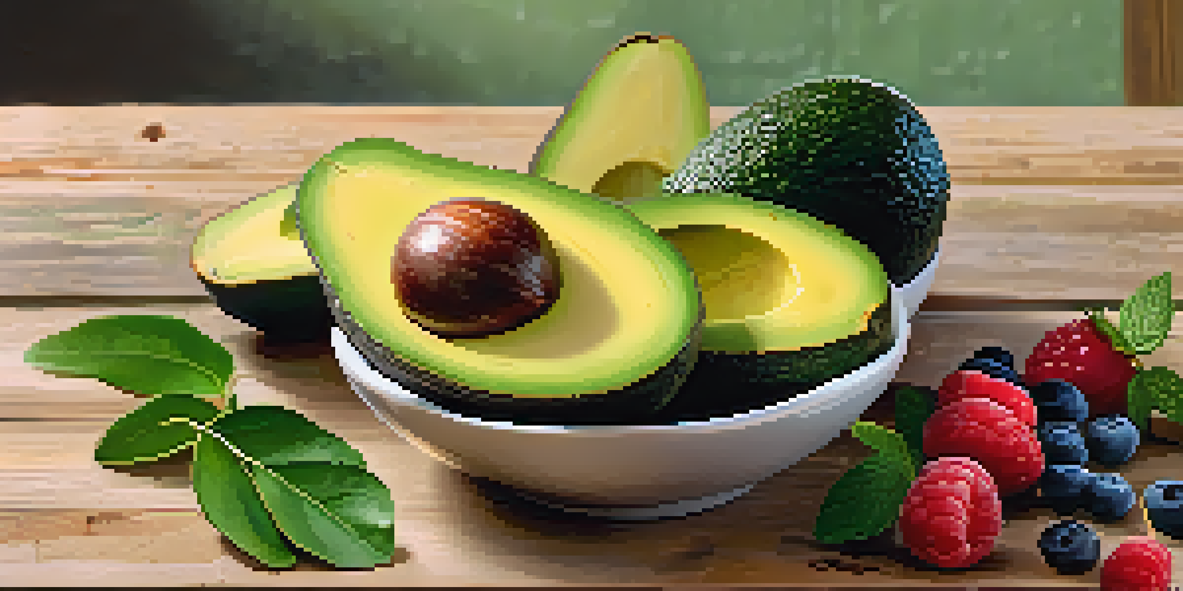 A close-up view of sliced avocados on a wooden table, with fresh herbs and berries in the background, illuminated by soft natural light.