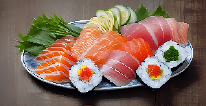 A plate of colorful sashimi with herbs, served on a Japanese dish, showcasing freshness and vibrant colors.
