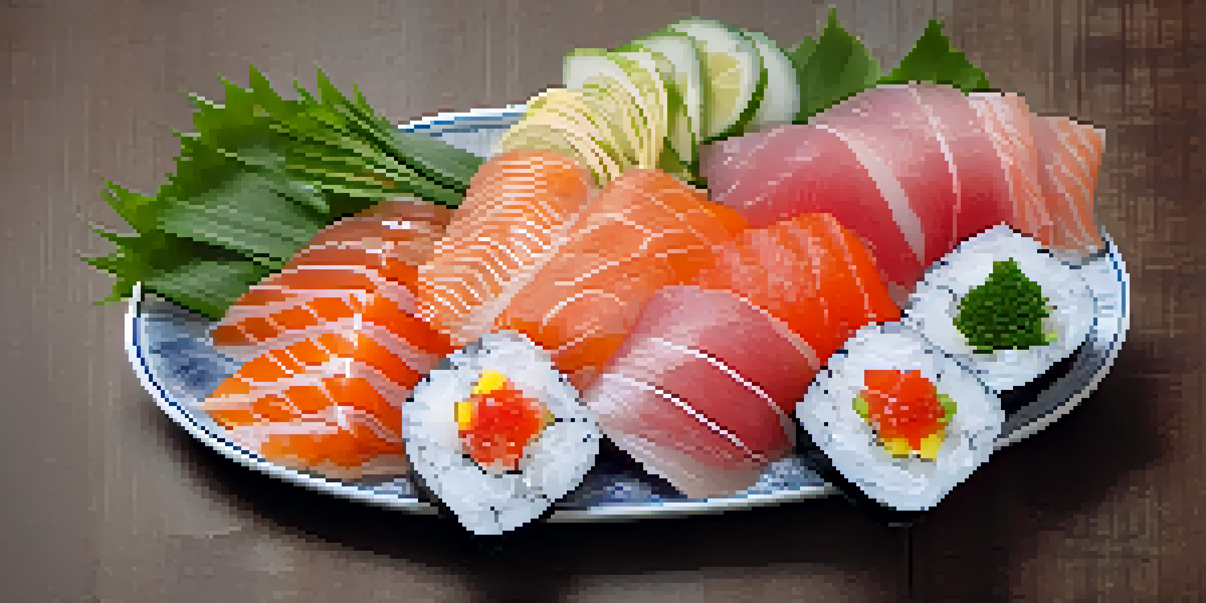 A plate of colorful sashimi with herbs, served on a Japanese dish, showcasing freshness and vibrant colors.