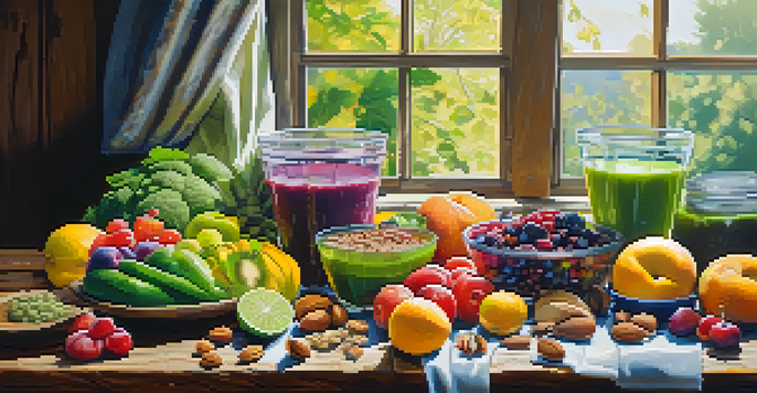 A colorful assortment of raw fruits, vegetables, nuts, and seeds arranged on a wooden table with sunlight casting soft shadows.