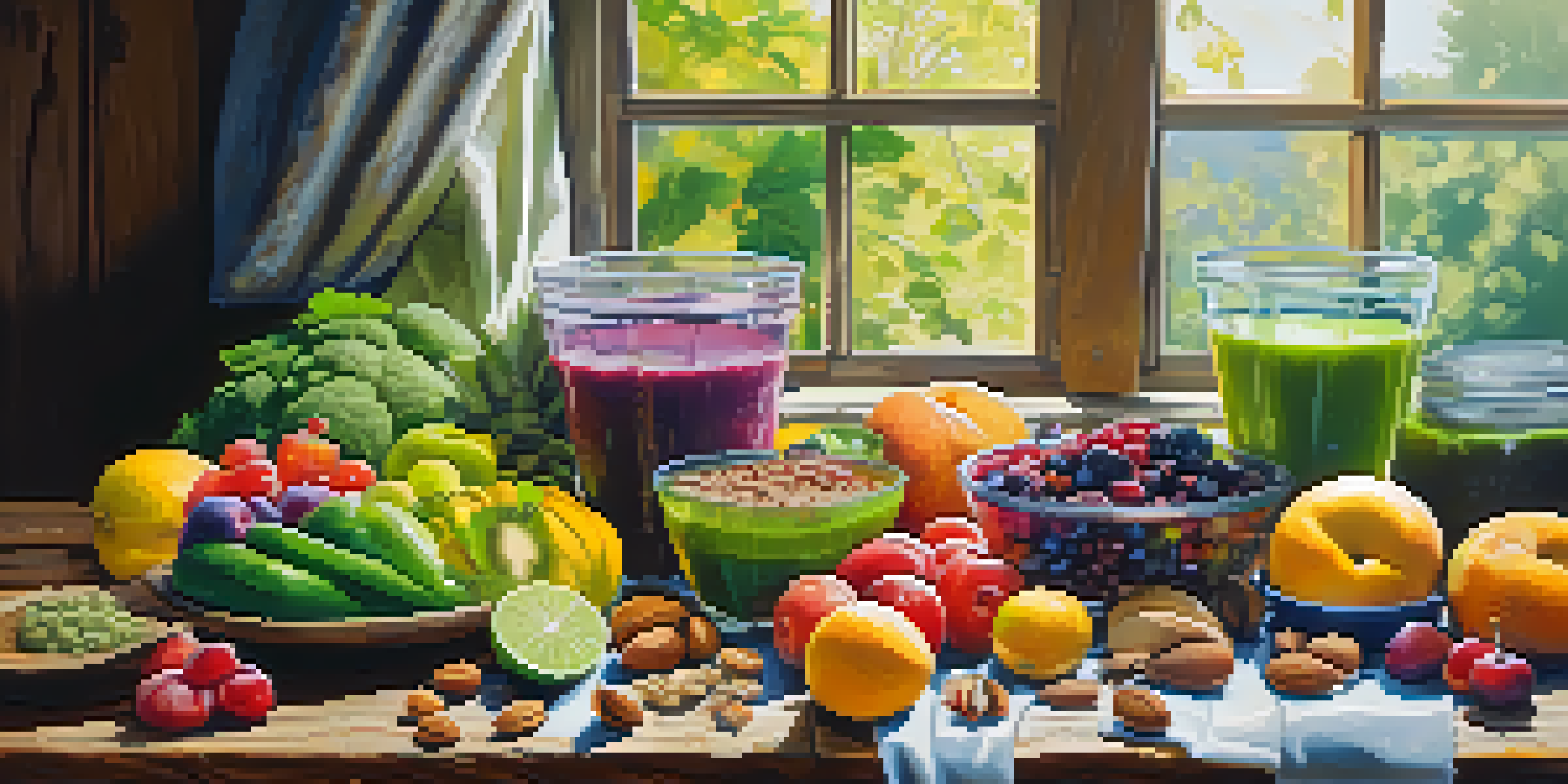 A colorful assortment of raw fruits, vegetables, nuts, and seeds arranged on a wooden table with sunlight casting soft shadows.