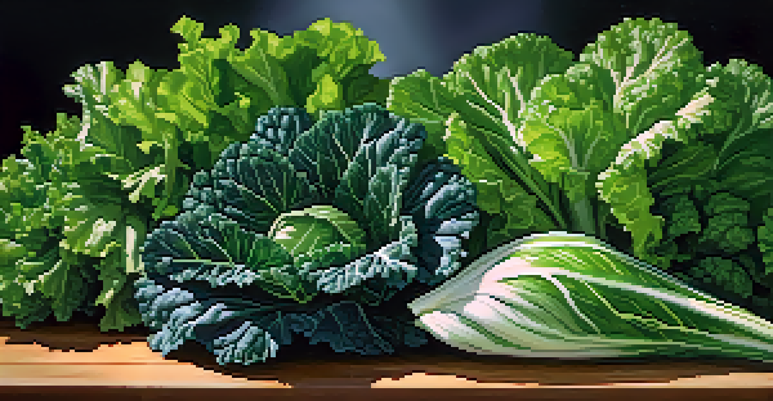 A close-up view of various leafy greens on a cutting board, with dew drops and a dark background.