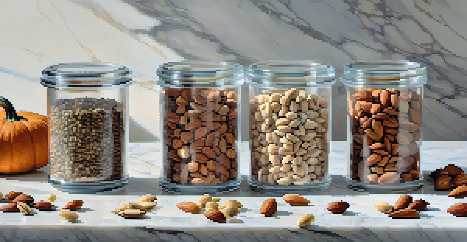 An assortment of nuts and seeds in glass bowls on a marble countertop.
