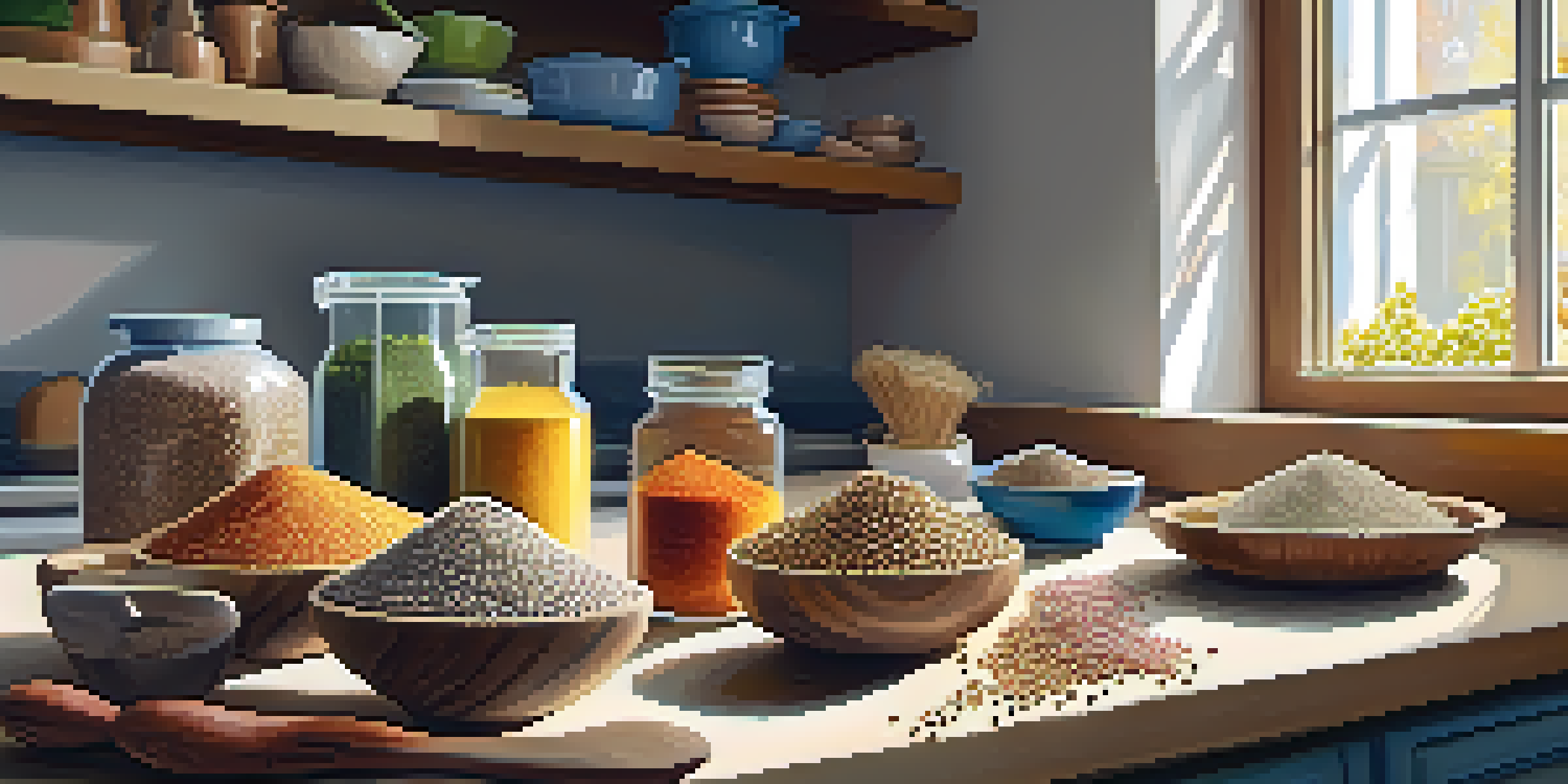 A kitchen countertop displaying various raw grains and legumes in bright colors, with natural light illuminating the scene.