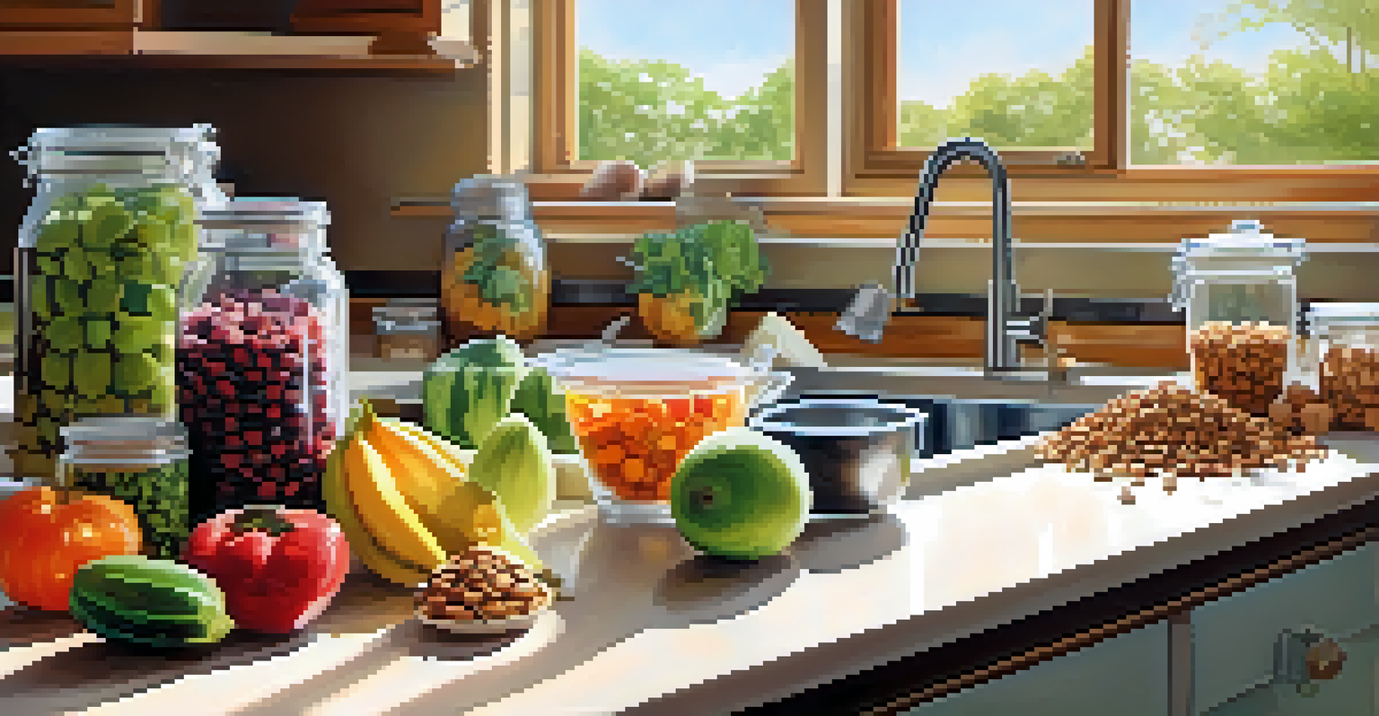 A bright kitchen countertop displaying an assortment of raw food ingredients and a blender.