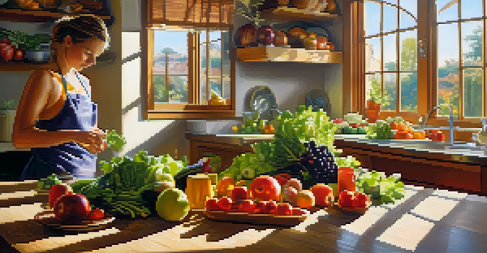A bright kitchen with fresh fruits and vegetables on a wooden table and a person preparing a salad in the background.
