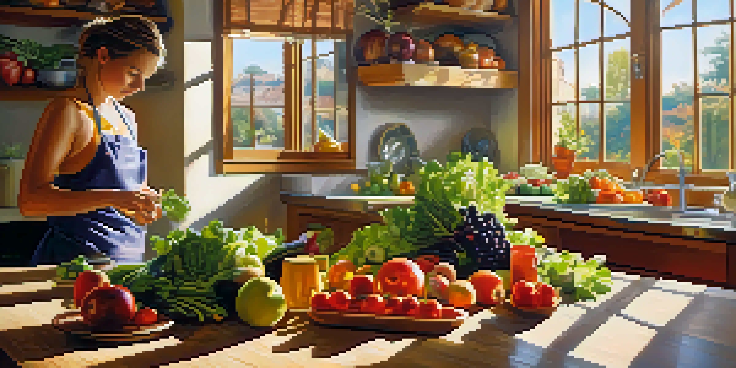A bright kitchen with fresh fruits and vegetables on a wooden table and a person preparing a salad in the background.