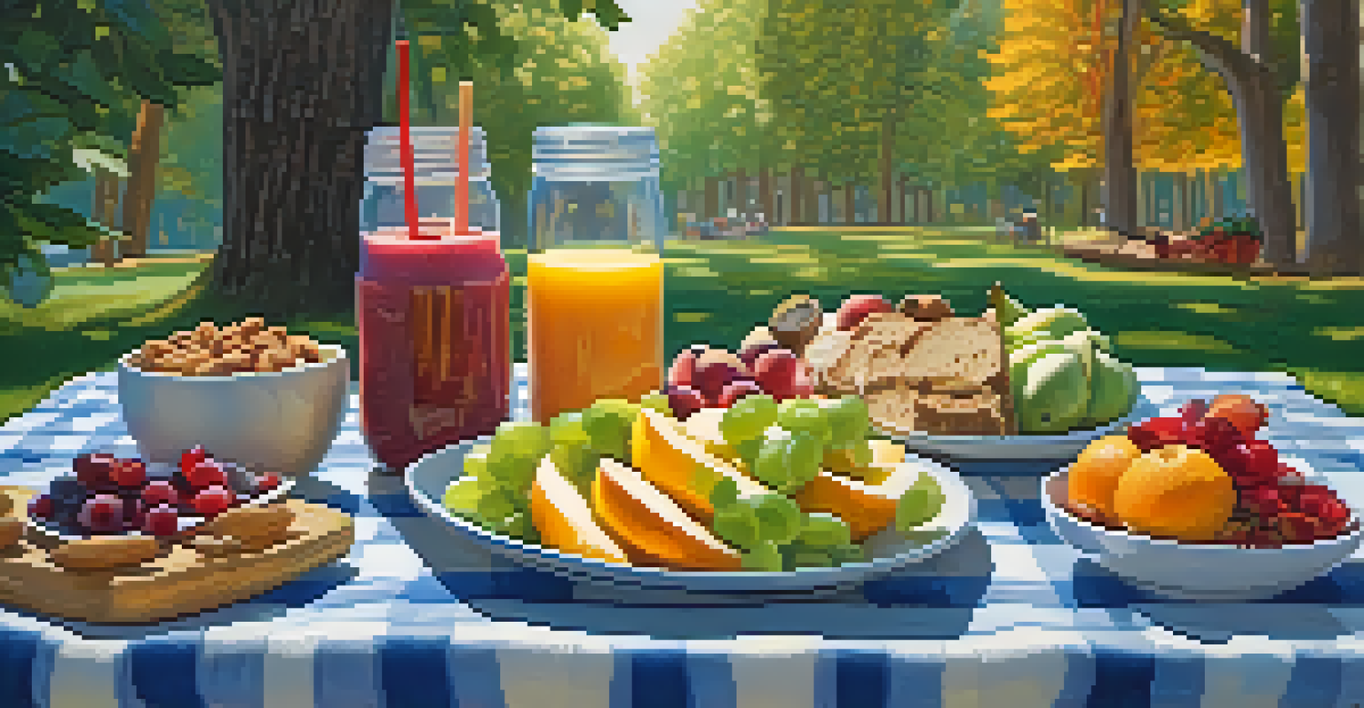An outdoor picnic scene featuring a spread of raw fruits, salads, and smoothies on a checkered blanket under trees.