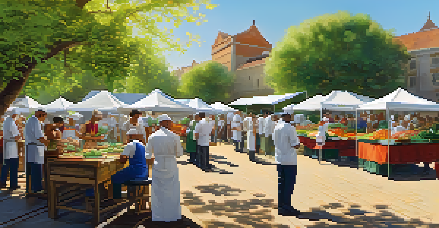 An outdoor raw food competition with chefs preparing dishes at colorful stalls, judges observing the vibrant ingredients and lively atmosphere.