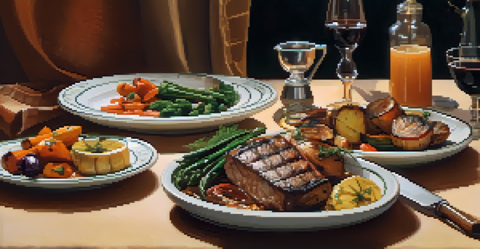 A plate of roasted vegetables and grilled meats, steaming and garnished with herbs, set in a softly lit kitchen.