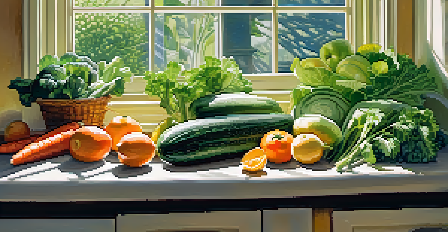 A kitchen countertop filled with fresh vegetables and fruits like leafy greens, cucumbers, carrots, and citrus fruits, illuminated by soft sunlight.