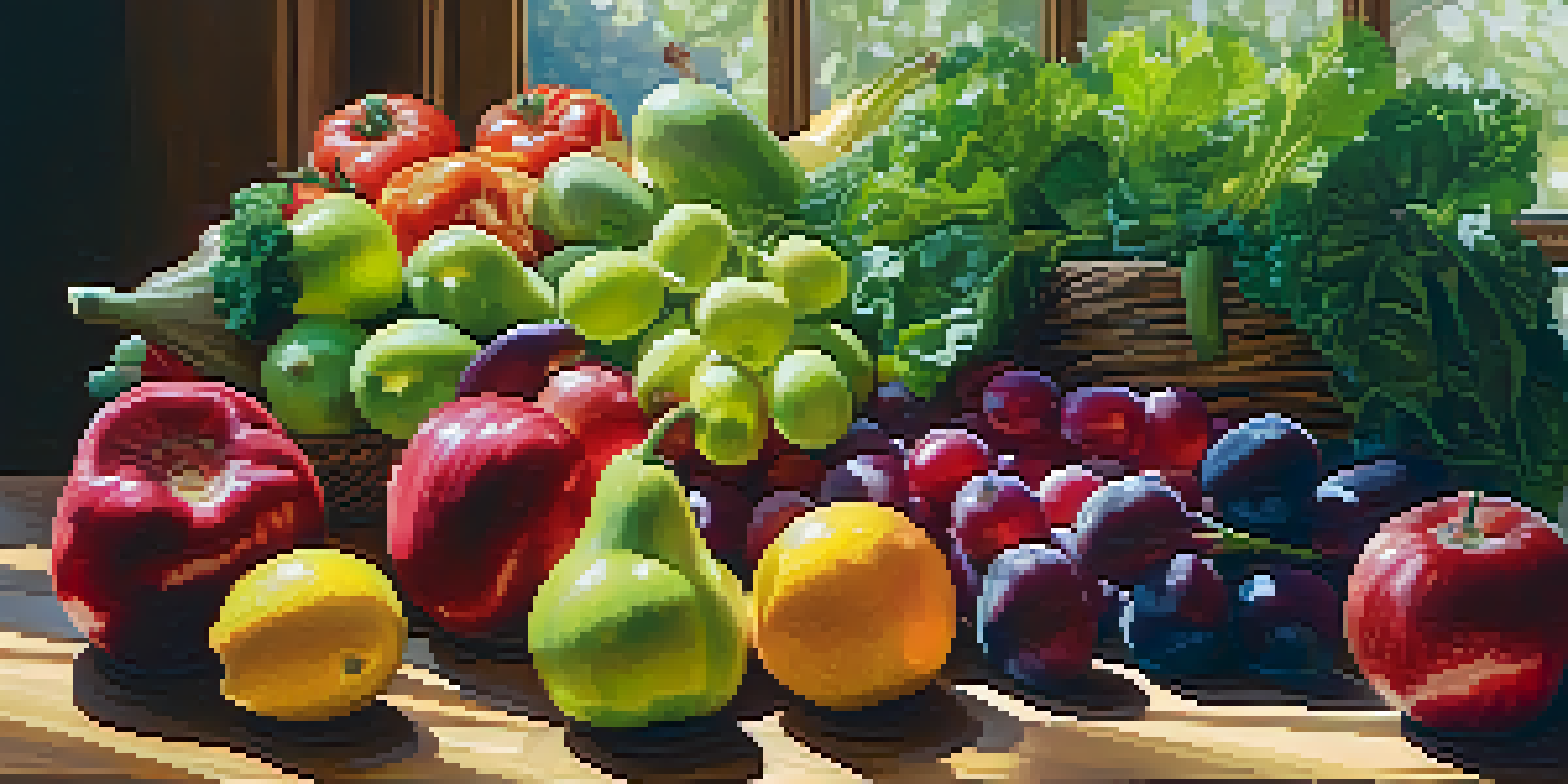 A colorful assortment of fresh raw fruits and vegetables on a wooden table, illuminated by natural sunlight.