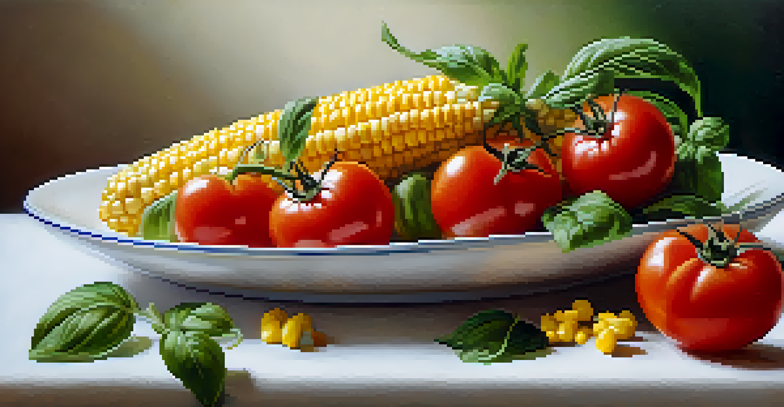 A simple white plate filled with seasonal ingredients including ripe tomatoes, sweet corn, and fresh basil, arranged artfully under soft natural light.