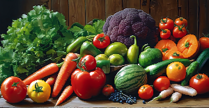 A circular arrangement of fresh fruits and vegetables on a wooden table, showcasing vibrant colors and natural lighting.
