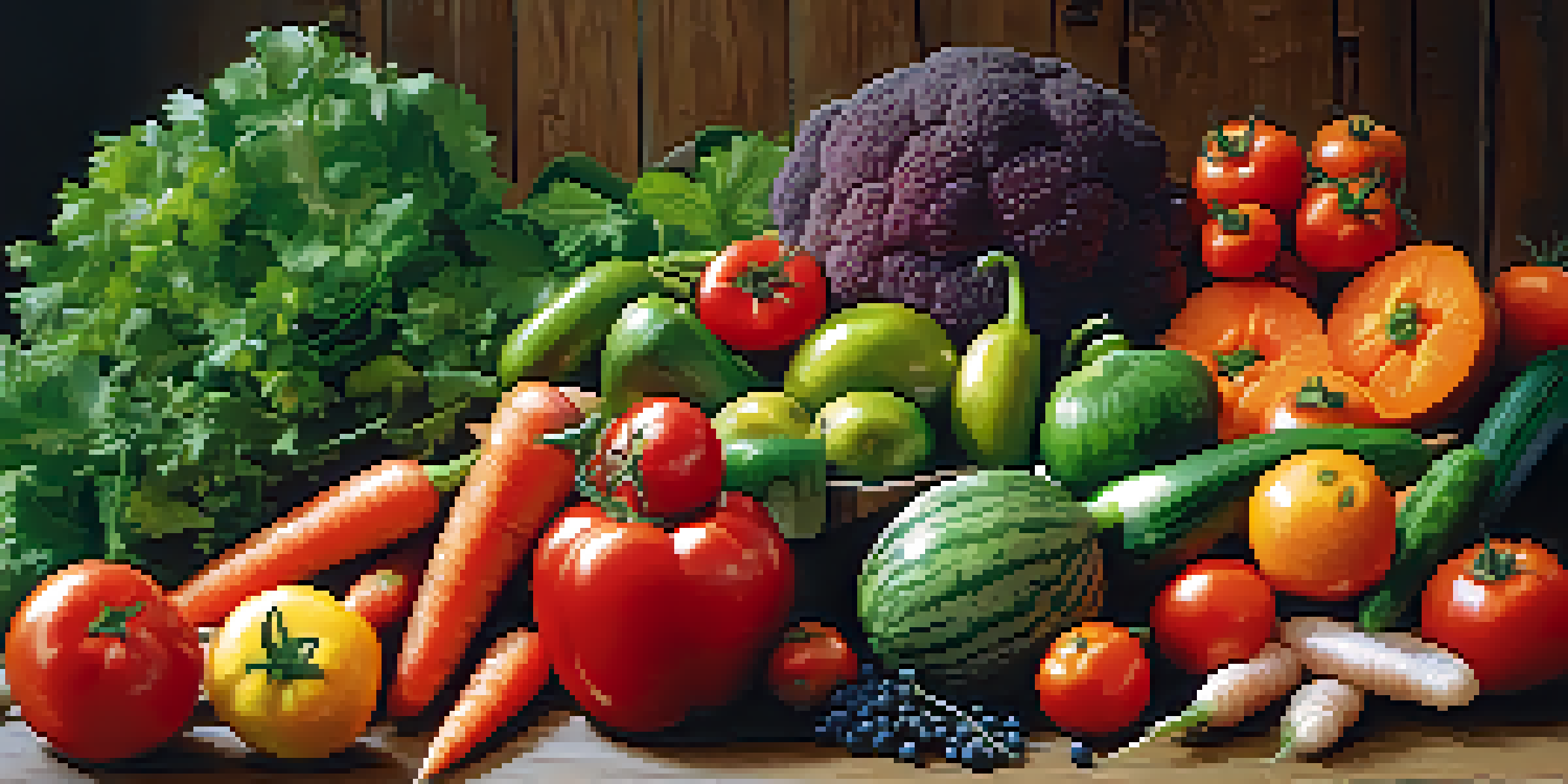 A circular arrangement of fresh fruits and vegetables on a wooden table, showcasing vibrant colors and natural lighting.