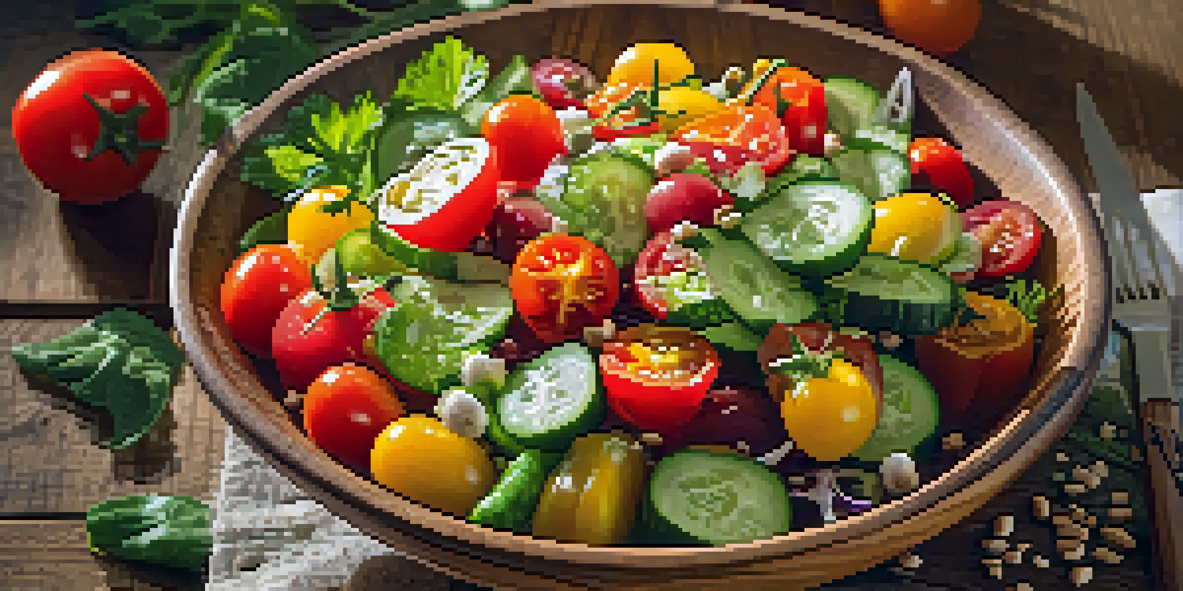 A colorful raw food salad in a wooden bowl with fresh vegetables and seeds, illuminated by sunlight.