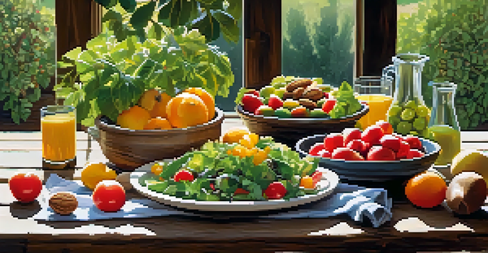 A rustic table spread with an assortment of colorful raw salads, fresh fruits, and nuts under warm sunlight.