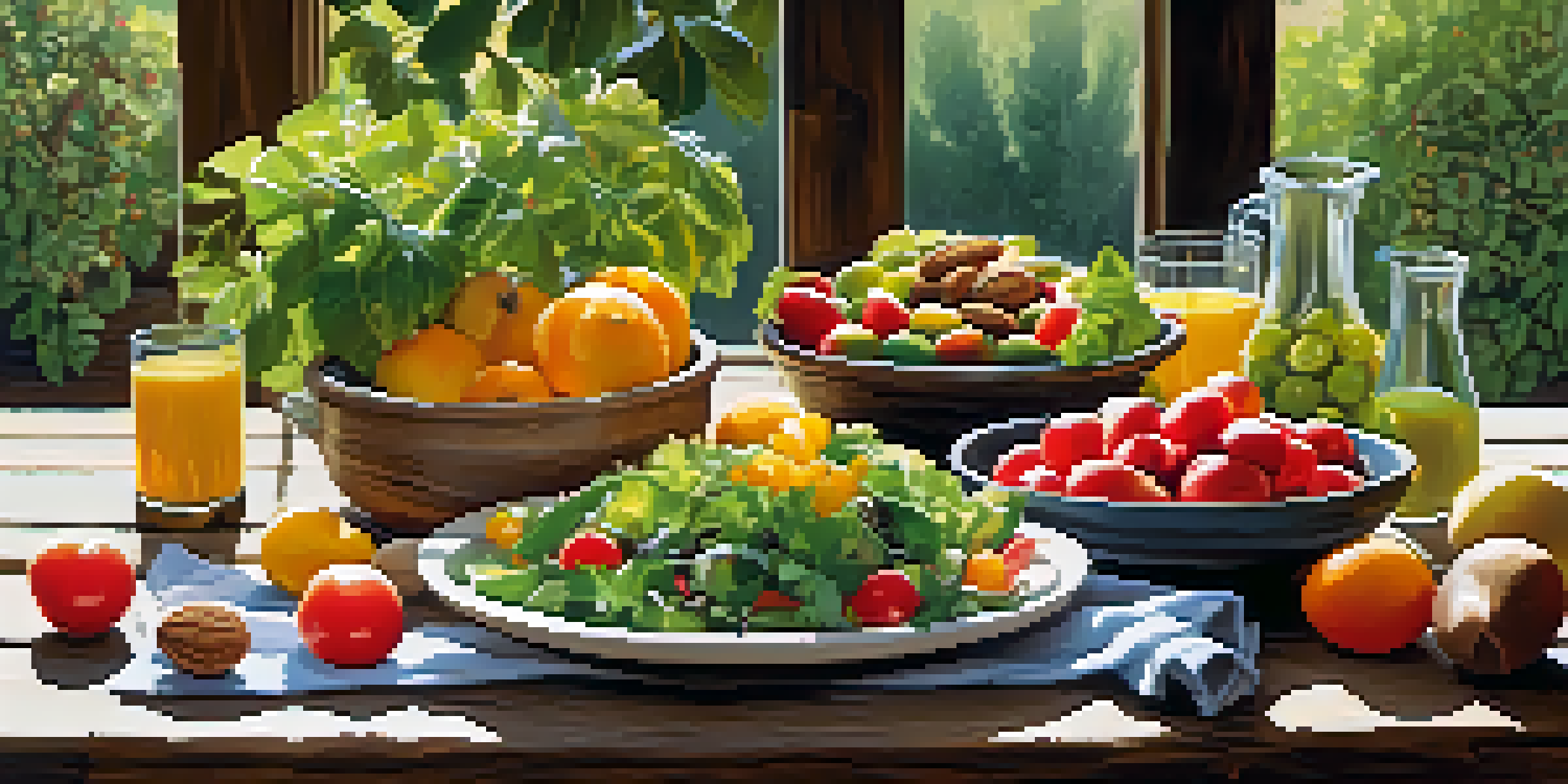 A rustic table spread with an assortment of colorful raw salads, fresh fruits, and nuts under warm sunlight.
