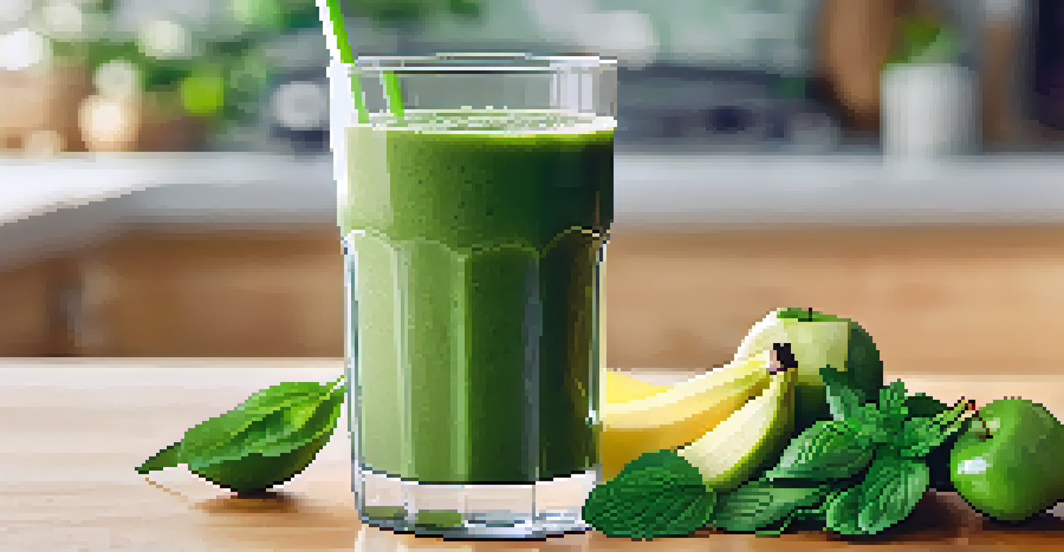 A close-up of a green smoothie in a clear glass, garnished with lime and mint, set against a softly blurred kitchen background.
