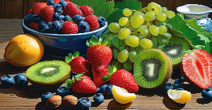 A wooden table displaying a variety of fresh raw foods, including fruits, leafy greens, nuts, and seeds, all beautifully arranged under natural sunlight.