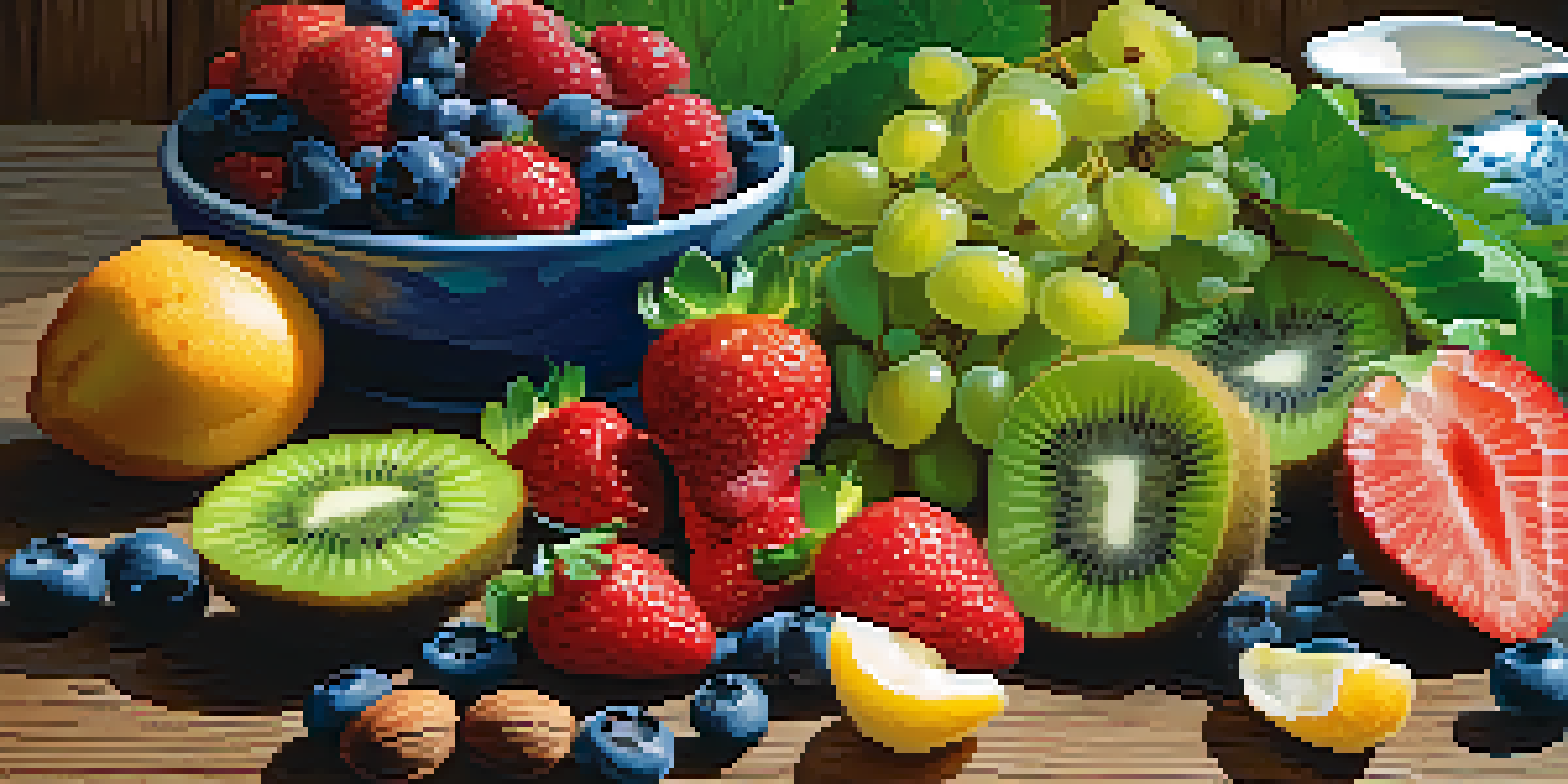 A wooden table displaying a variety of fresh raw foods, including fruits, leafy greens, nuts, and seeds, all beautifully arranged under natural sunlight.