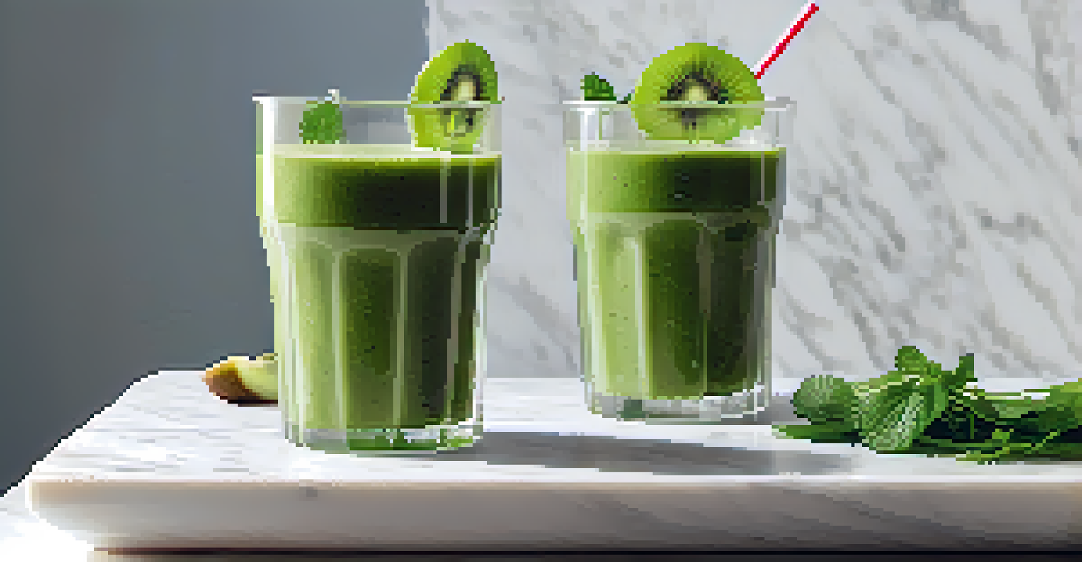 A clear glass filled with a green smoothie made from raw fruits and vegetables, garnished with kiwi and mint.