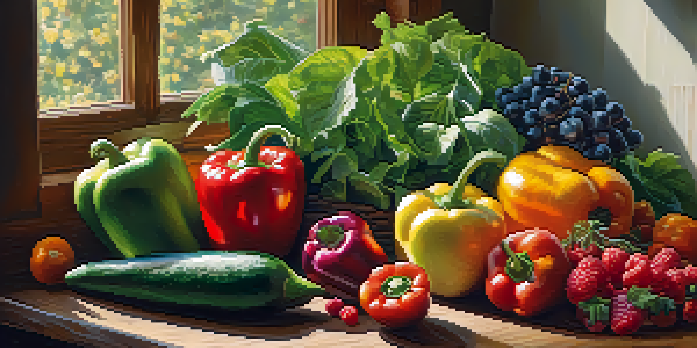 An assortment of fresh raw fruits and vegetables on a wooden table, showcasing bright colors and natural light.