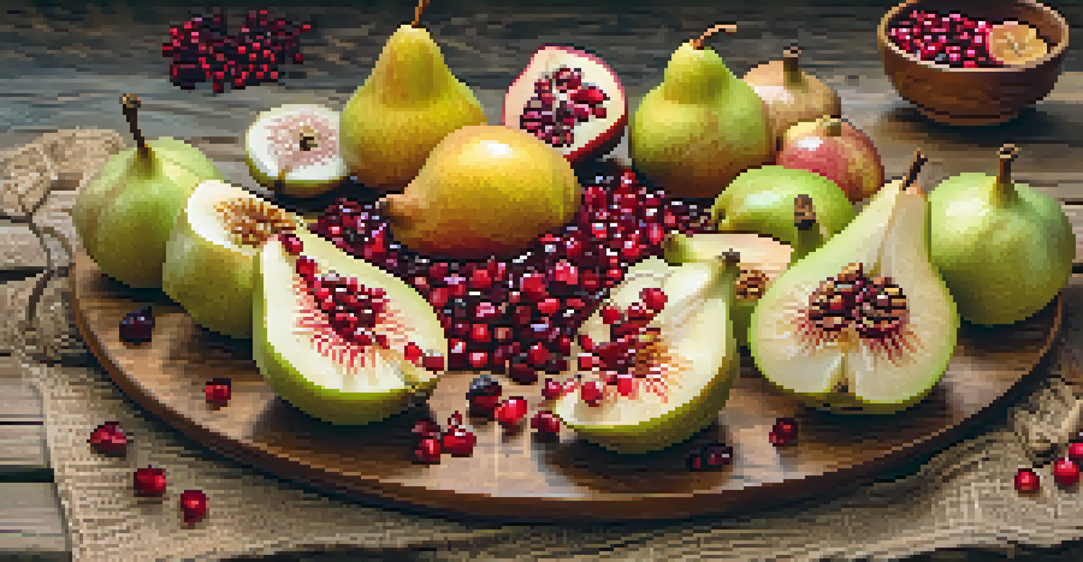 A flat lay of a fruit platter with sliced pears, figs, and pomegranate seeds, drizzled with honey and sprinkled with cinnamon on a wooden board.