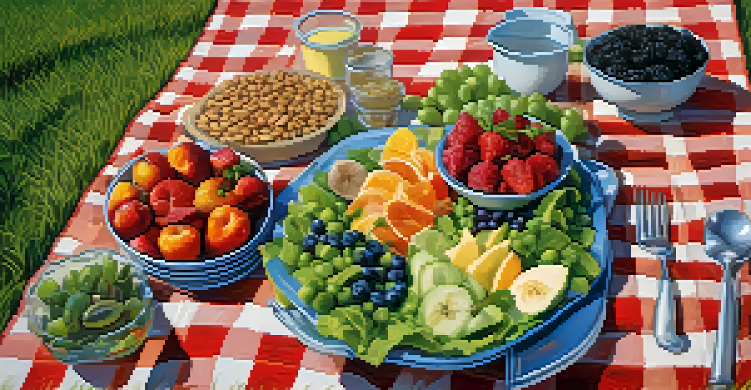 An outdoor picnic with raw food dishes arranged on a checkered blanket in a grassy area under a blue sky.