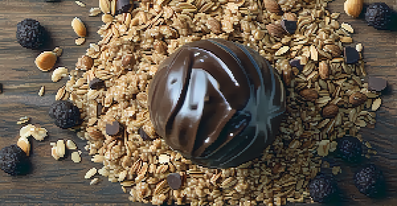 A close-up of a homemade energy ball surrounded by scattered ingredients like chia seeds and walnuts on a rustic surface.