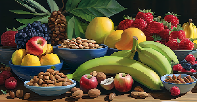 A colorful arrangement of raw snacks including fruits, nuts, and energy balls on a wooden table, illuminated by soft natural light.