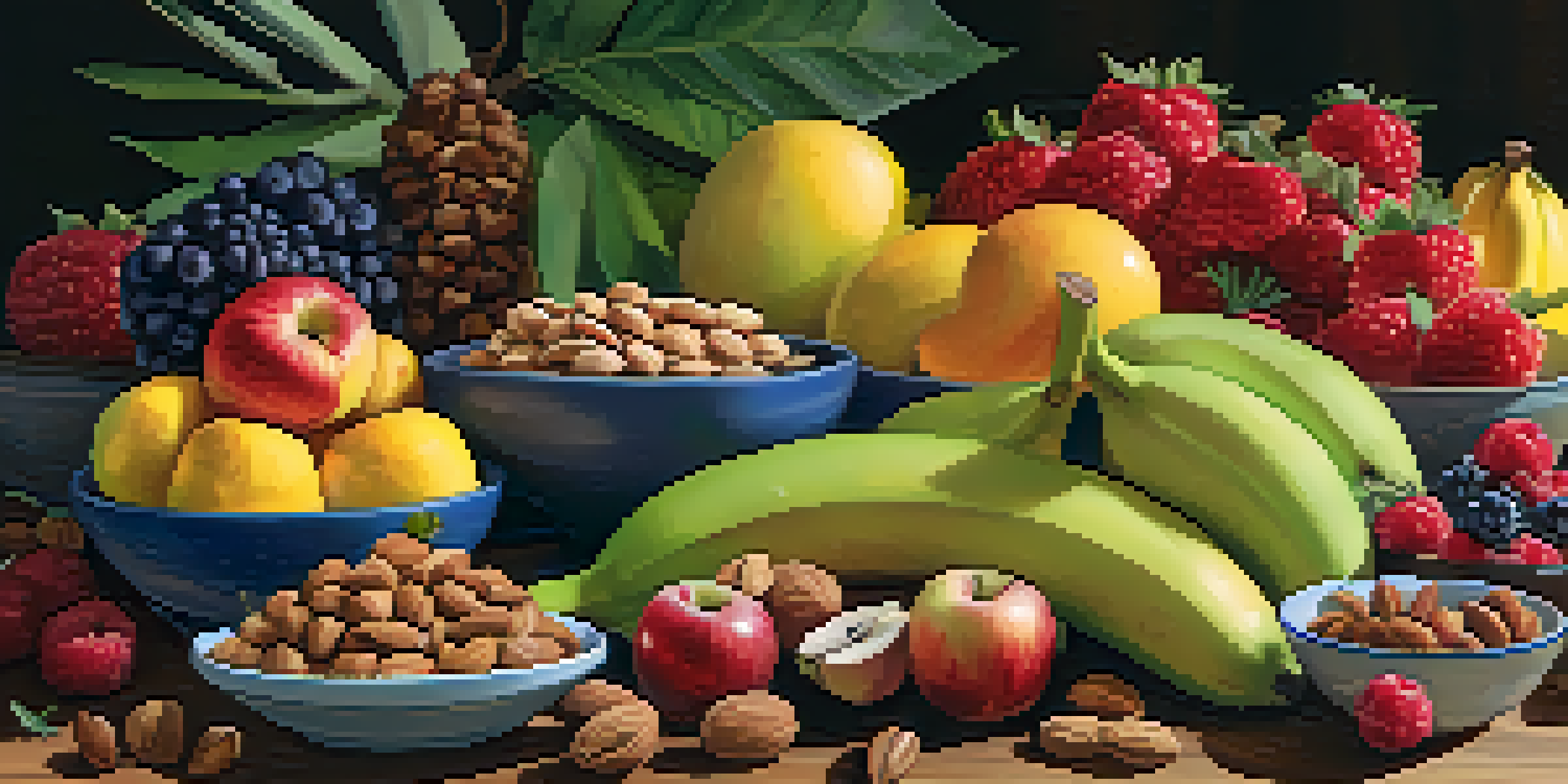 A colorful arrangement of raw snacks including fruits, nuts, and energy balls on a wooden table, illuminated by soft natural light.