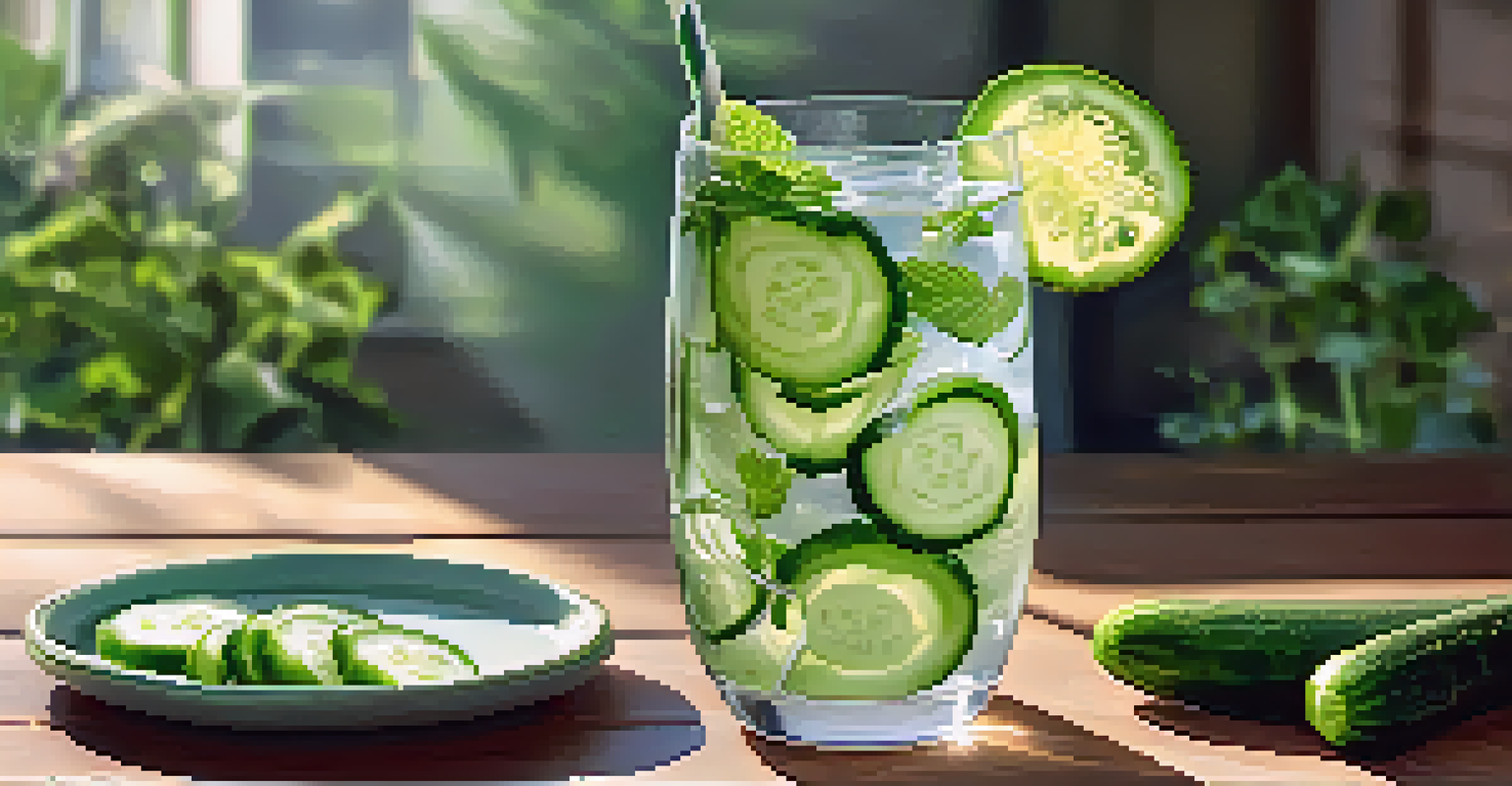 A tall glass of cucumber-infused water with cucumber slices and mint leaves, alongside a plate of sliced cucumbers and a green salad on a wooden table.