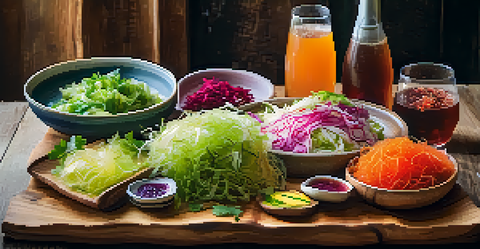A close-up view of a platter with sauerkraut, kimchi, and a glass of kombucha on a wooden table, illuminated by natural light.
