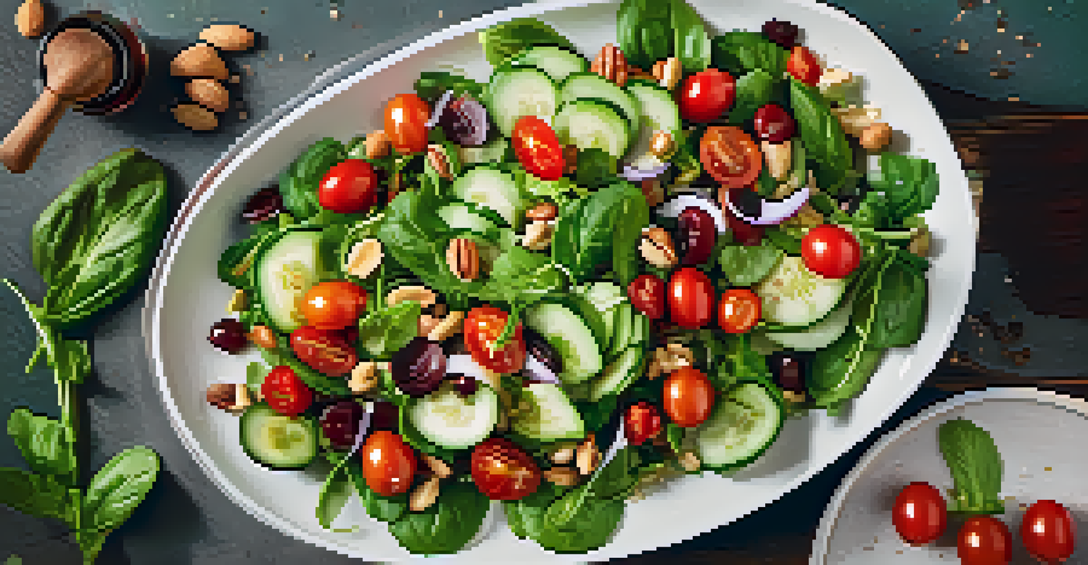 An overhead view of a vibrant raw salad featuring spinach, cherry tomatoes, cucumbers, and nuts in a bowl.