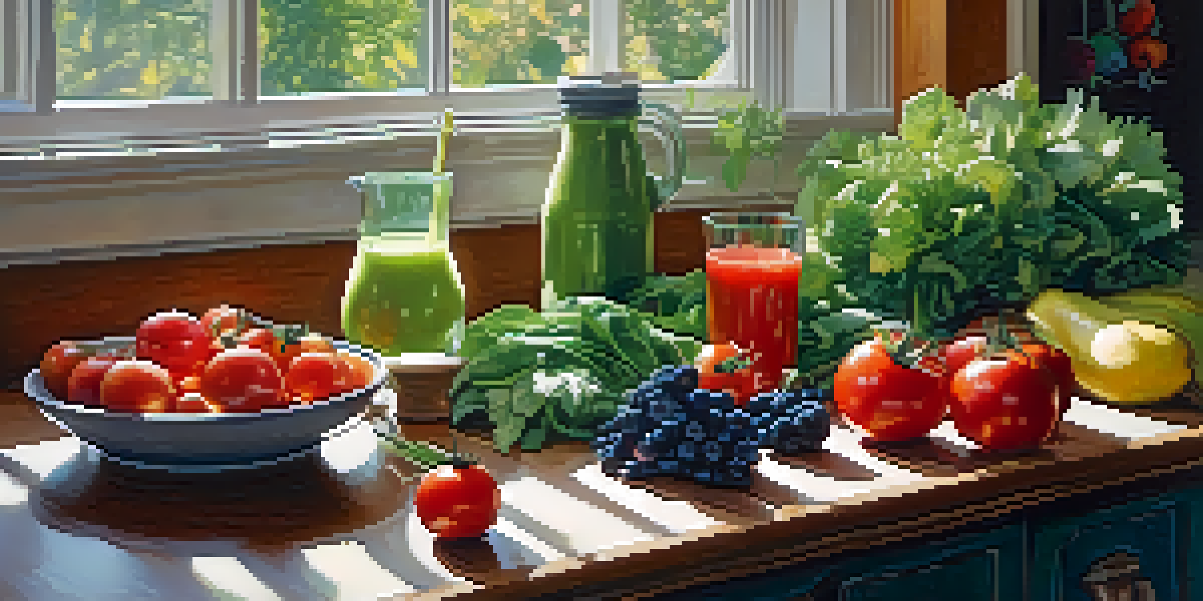 A kitchen table overflowing with fresh raw fruits and vegetables, illuminated by sunlight, with a glass of green smoothie.