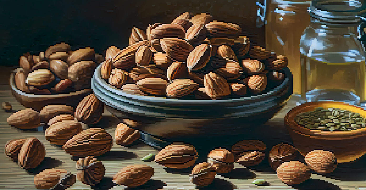 A variety of raw nuts and seeds on a wooden board, with a glass jar of honey beside them, illuminated by warm natural light.