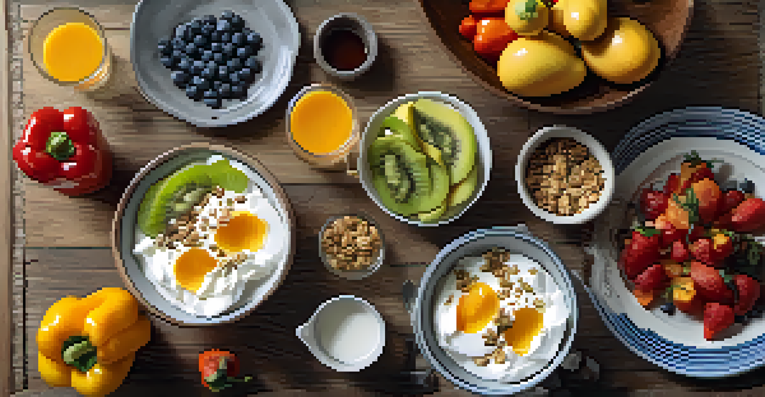 An overhead view of a breakfast spread with hard-boiled eggs, Greek yogurt topped with fruits and granola, and sliced bell peppers on a rustic wooden table.